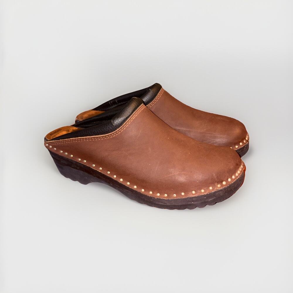 Troentorp Shoes Womens Size 39 Brown Leather Clogs Slip Resistant Wooden Sole